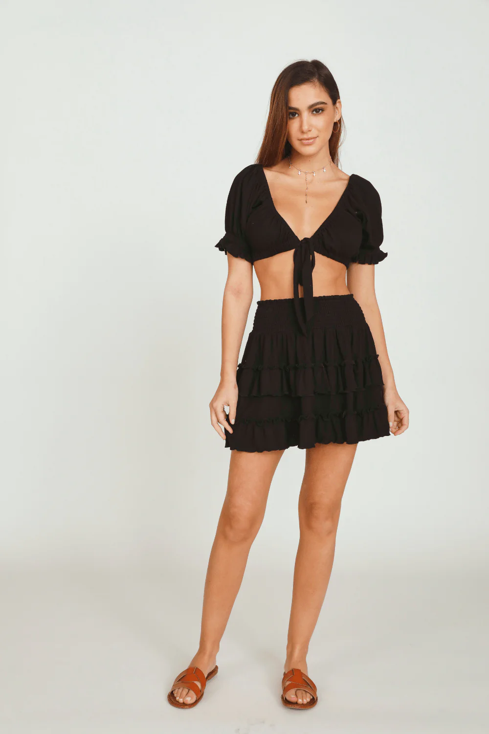 Black Rib Knit Tie Front Balloon Sleeve Crop Top - Image 3