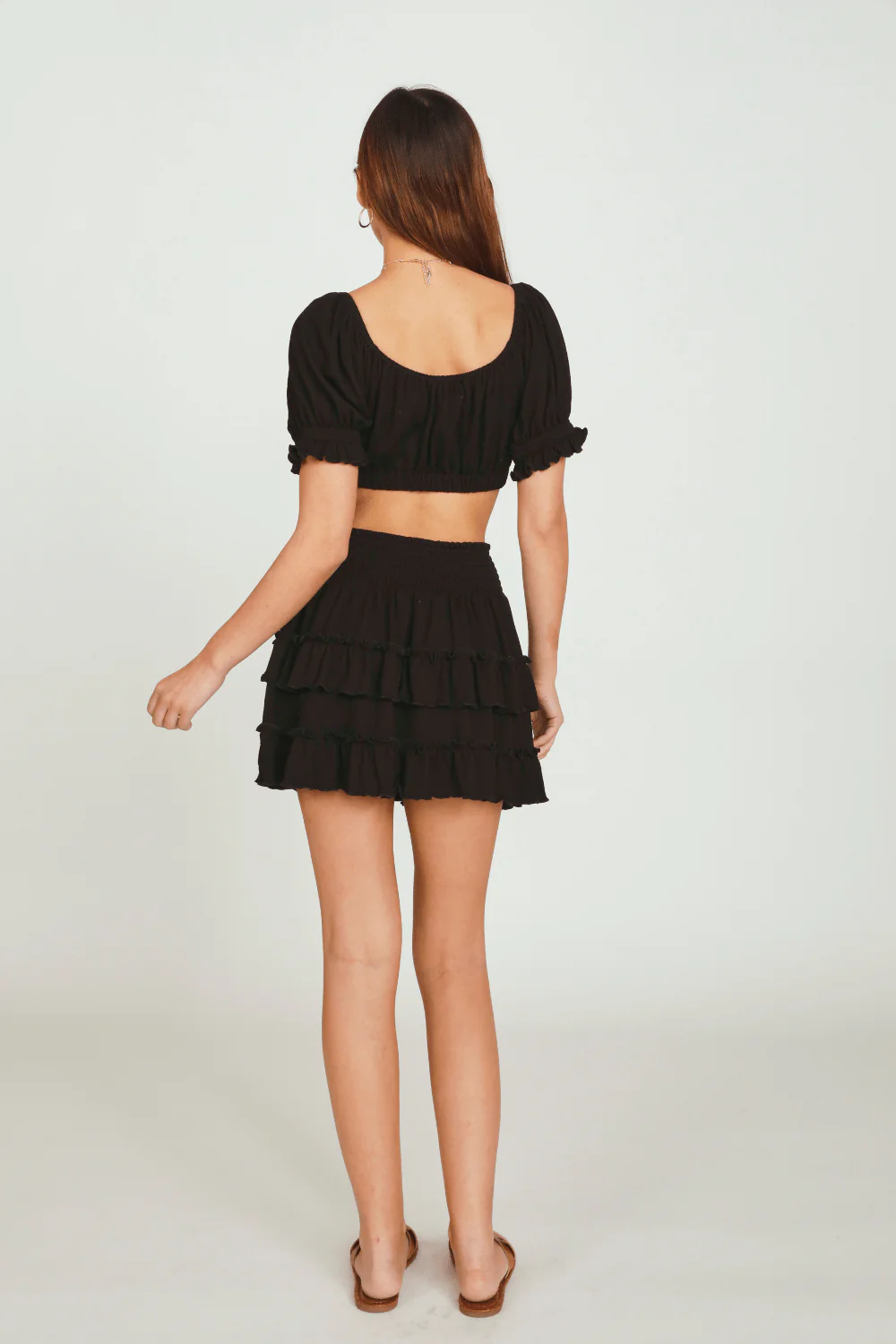 Black Rib Knit Tie Front Balloon Sleeve Crop Top - Image 4