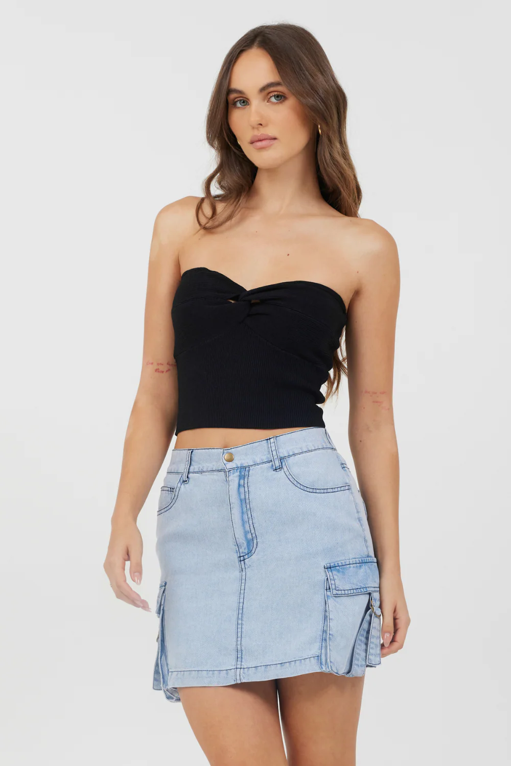 Black Rib Knit Twist Front Tube Top - Image 3