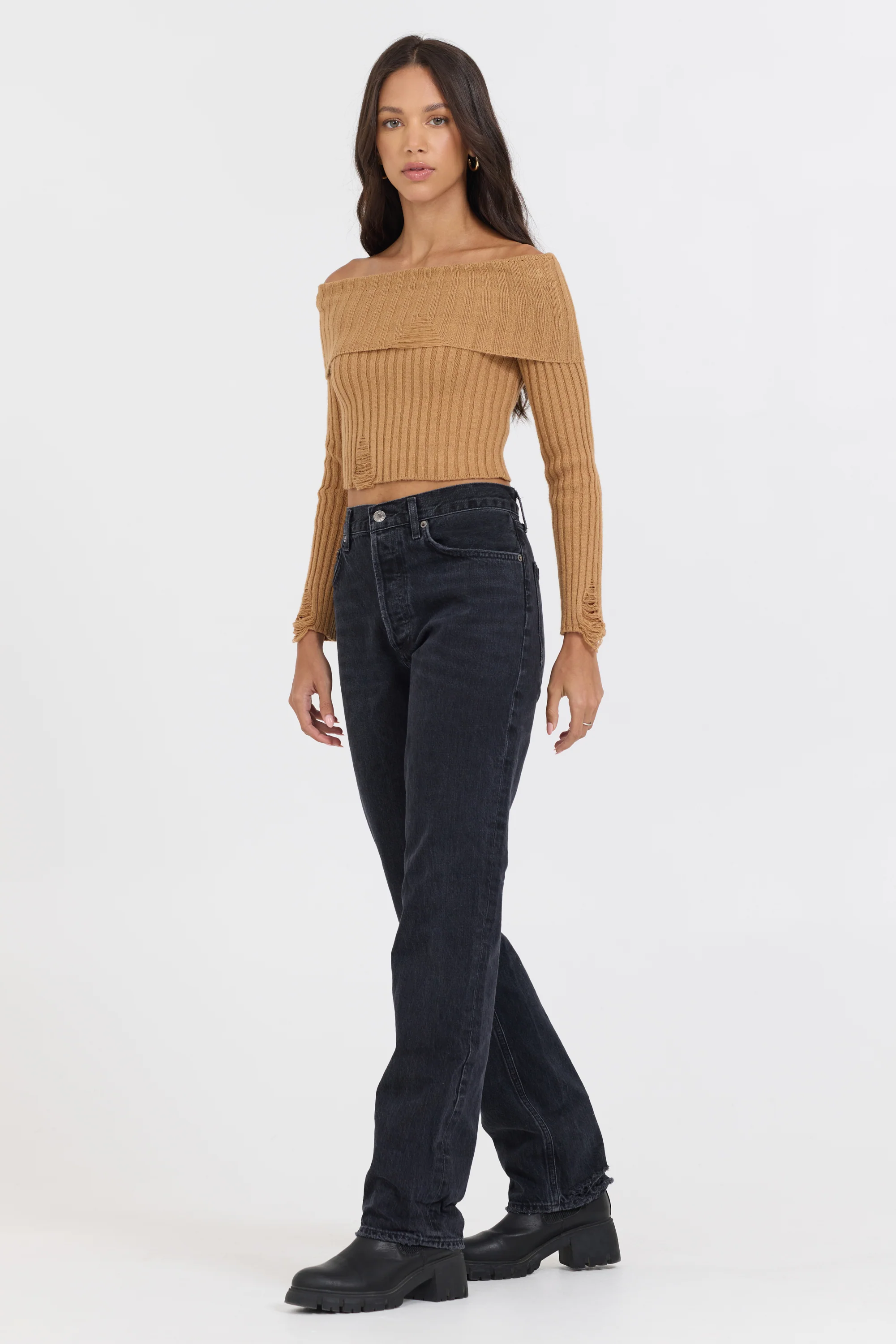 Caramel Distressed Off Shoulder Sweater - Image 3