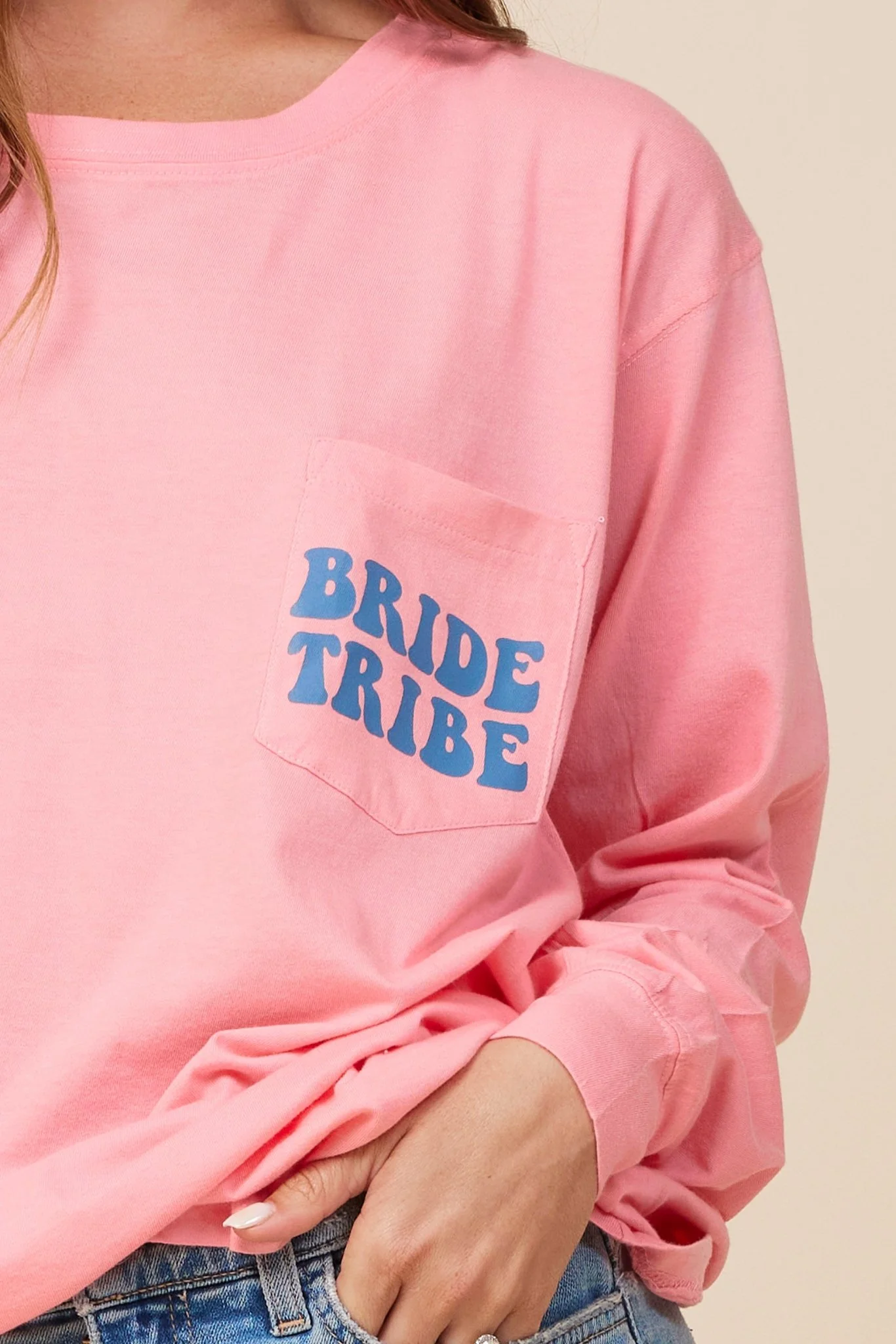 "Bride Tribe" Sunset Pink Wash Long Sleeved Pocket Tee - Image 3