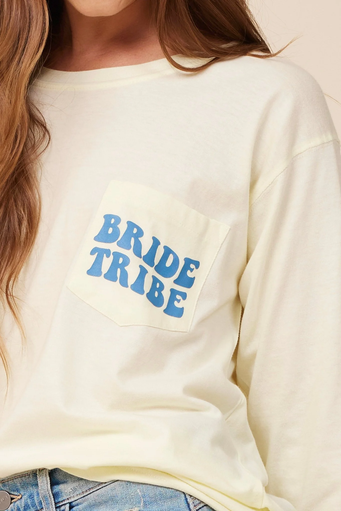 "Bride Tribe" Soft Yellow Wash Long Sleeved Pocket Tee - Image 3