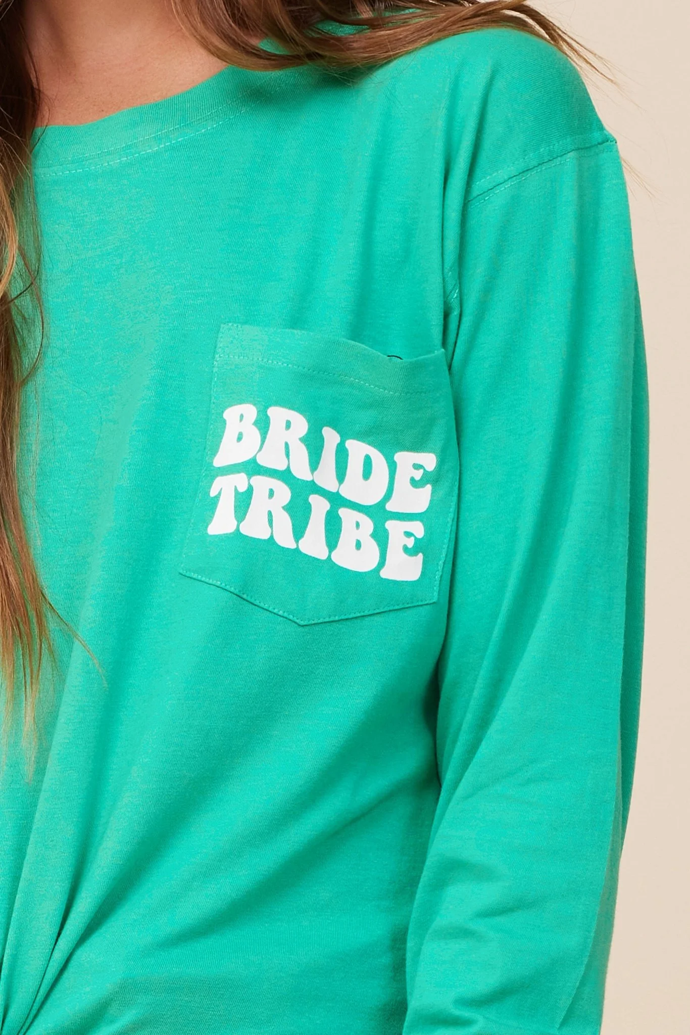 "Bride Tribe" Surf Green Wash Long Sleeved Pocket Tee - Image 3