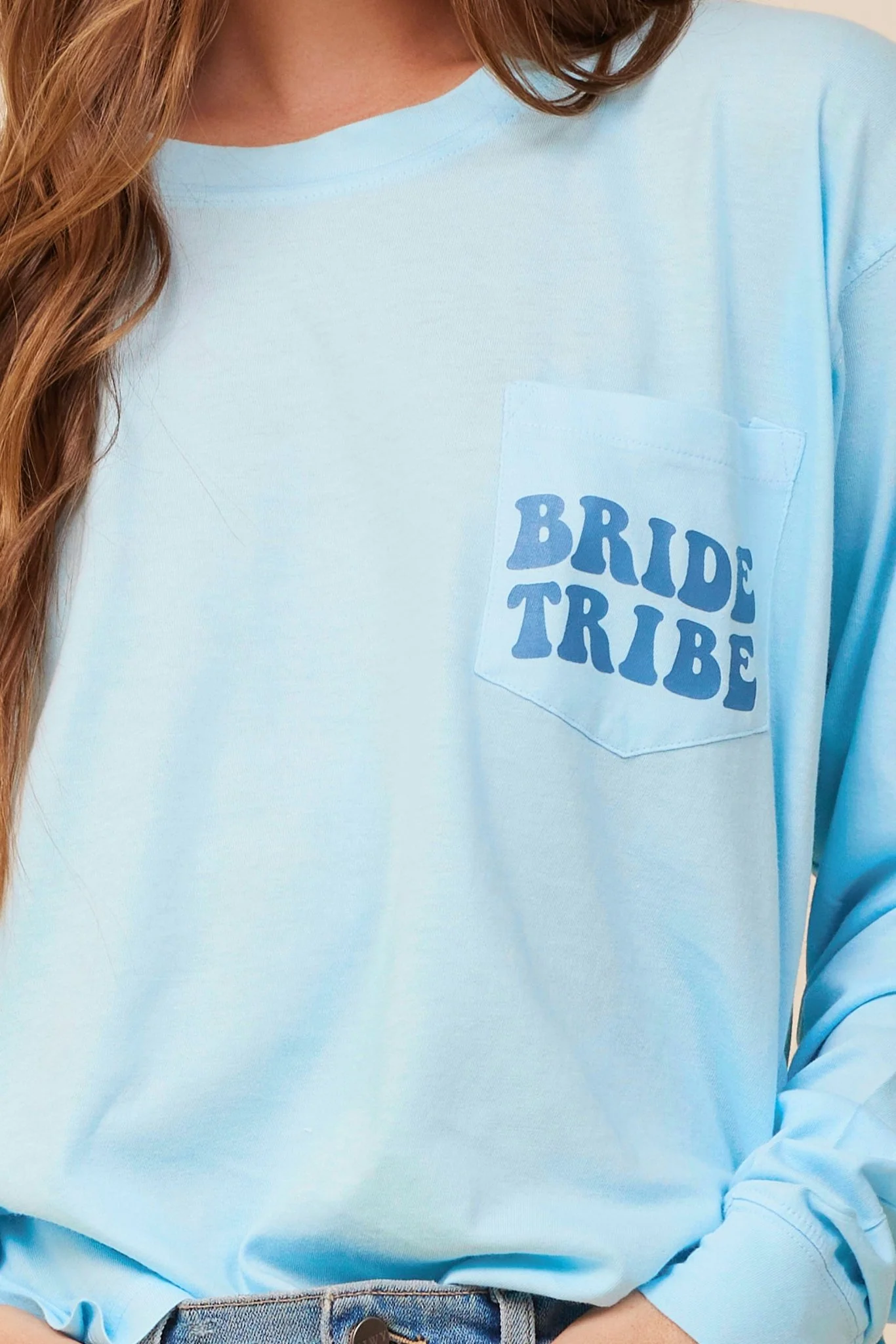 "Bride Tribe" Tropical Blue Salt Wash Long Sleeved Pocket Tee - Image 4