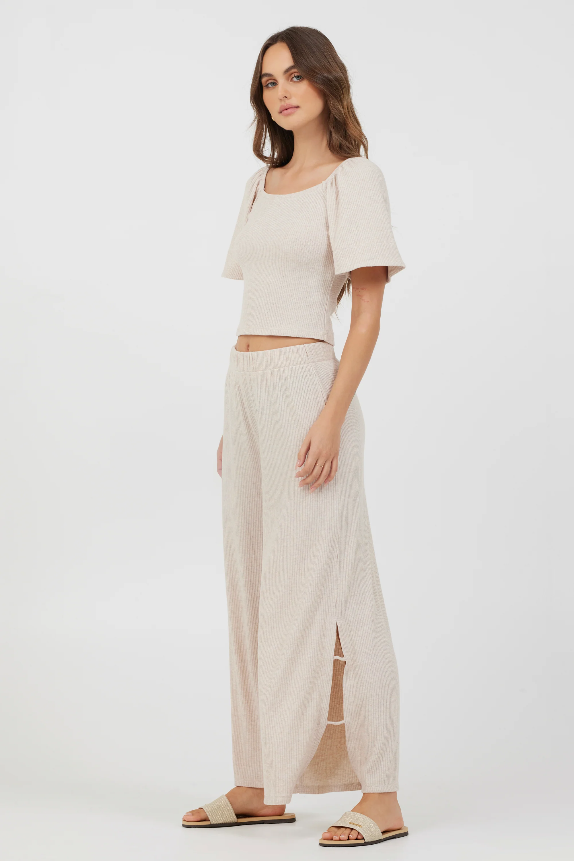 Heather Oatmeal Drapey Knit Cut Out Pants - Image 4