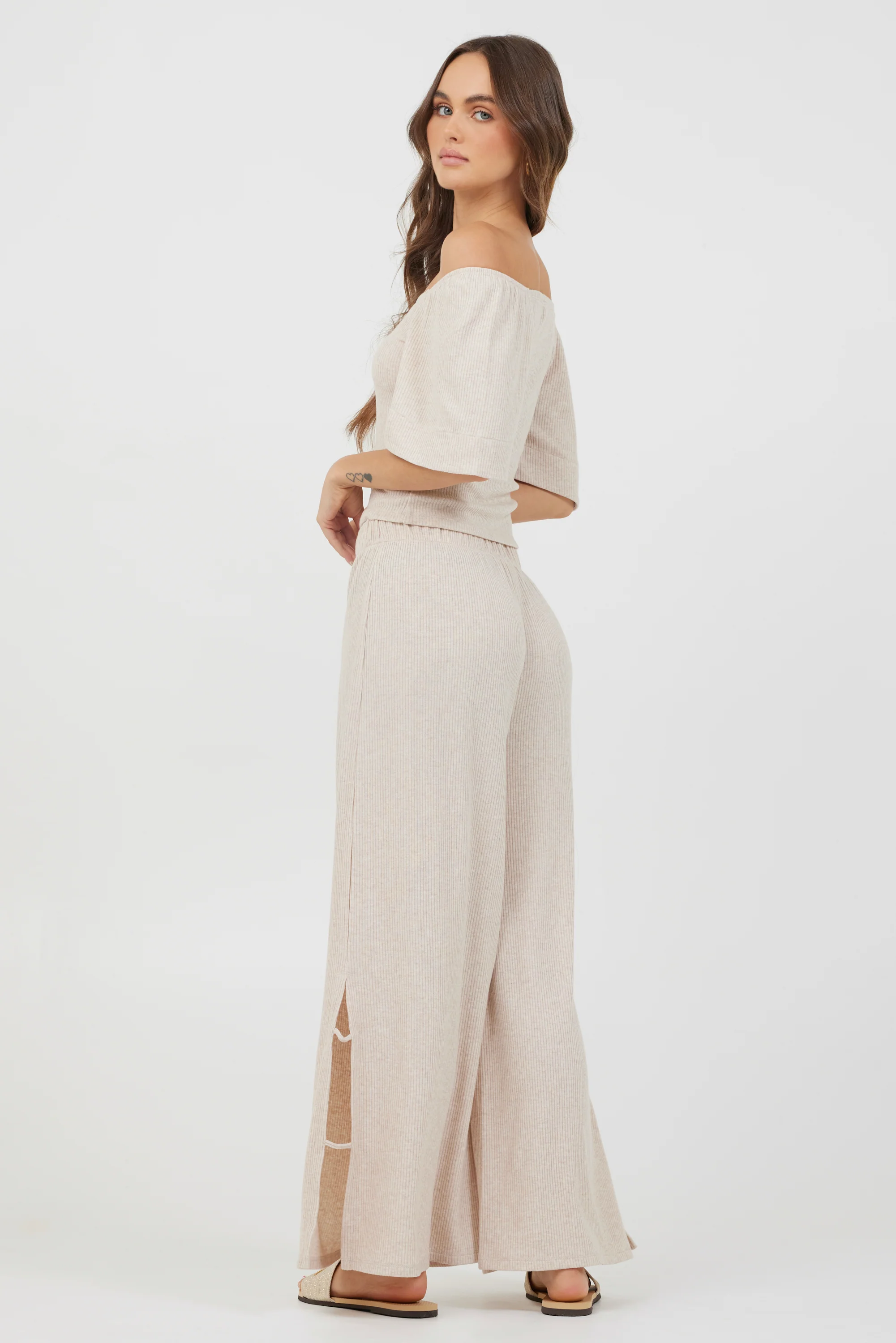 Heather Oatmeal Drapey Knit Cut Out Pants - Image 5