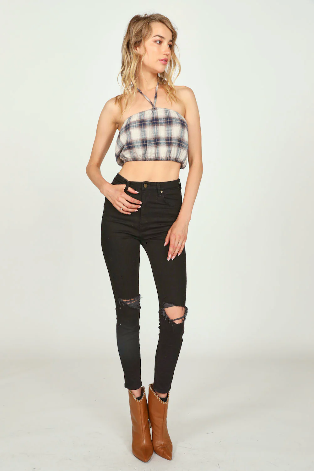 Sand/Navy Plaid Flannel Halter Bandeau - Image 3