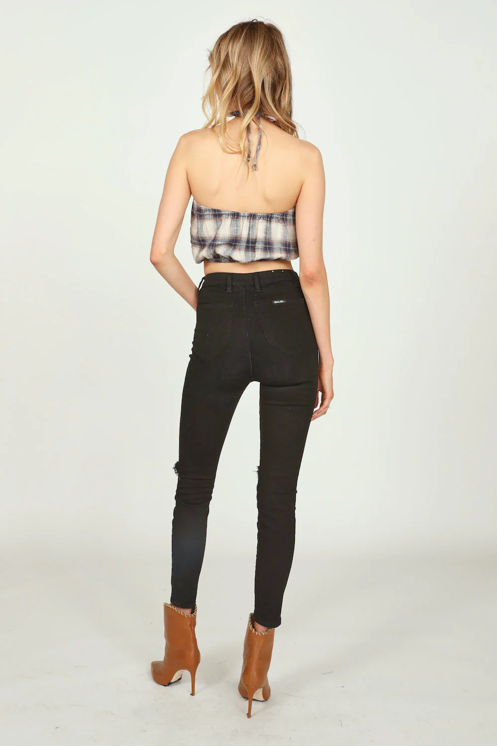 Sand/Navy Plaid Flannel Halter Bandeau - Image 4