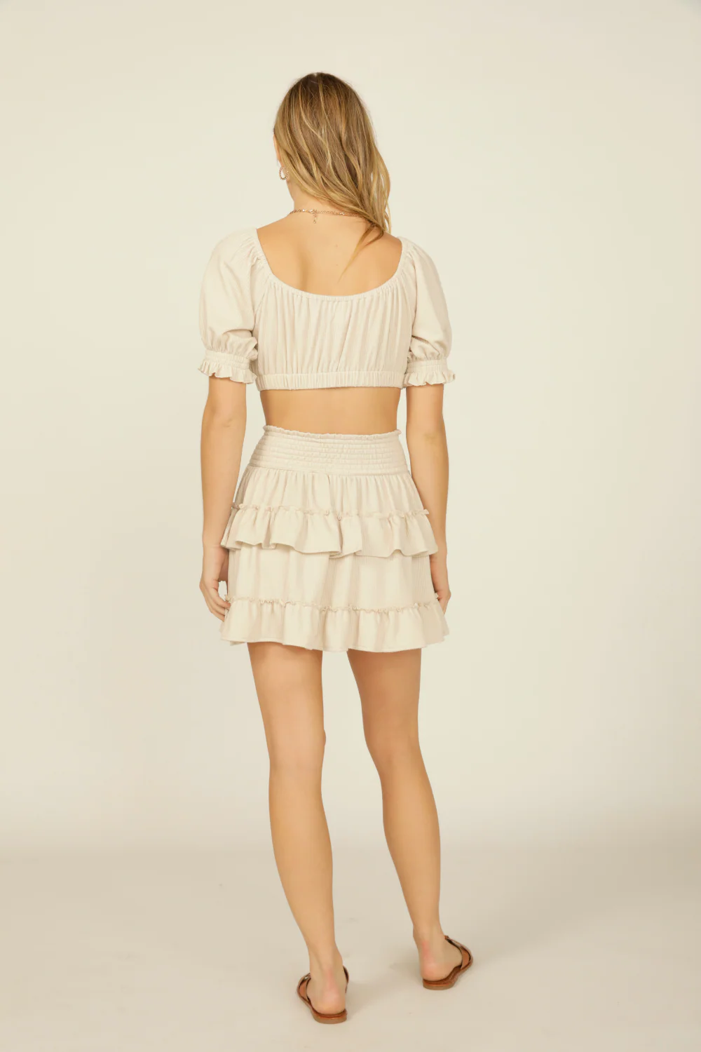 Sand Rib Knit Tie Front Balloon Sleeve Crop Top - Image 4