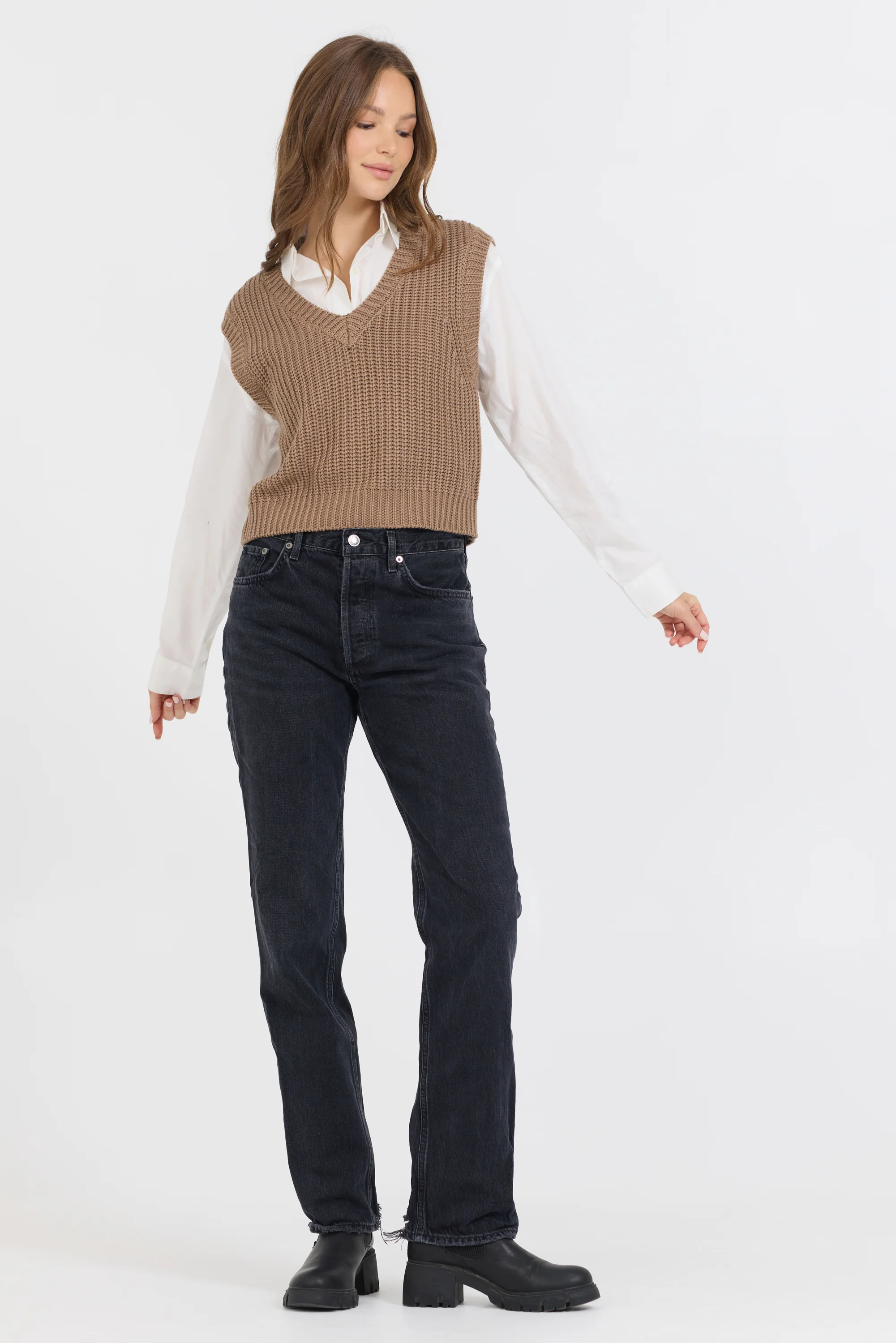 Toffee W/ White Twofer Cropped Sweater Vest - Image 4