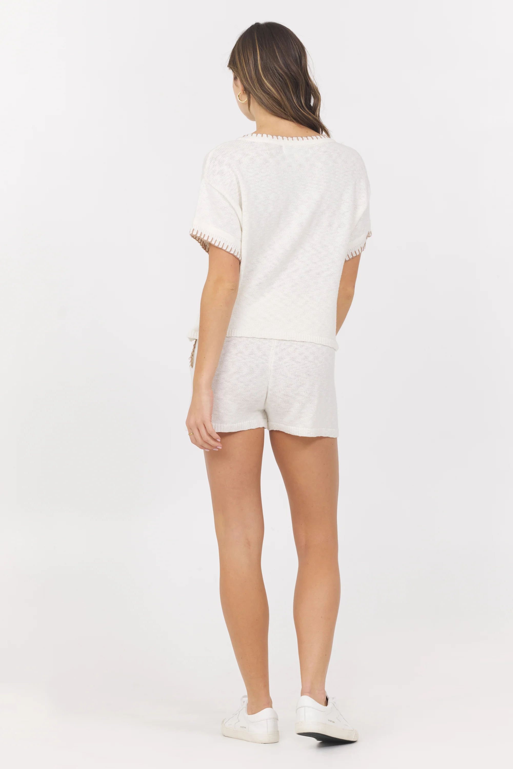 White Summer Sand Short Sleeve Sweater w/ Whipstitch - Image 4